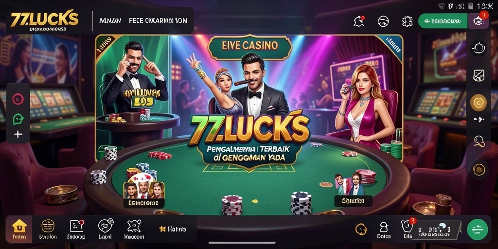 Screenshot utama 77LUCKS menampilkan dealer profesional di tengah permainan Live Casino.
