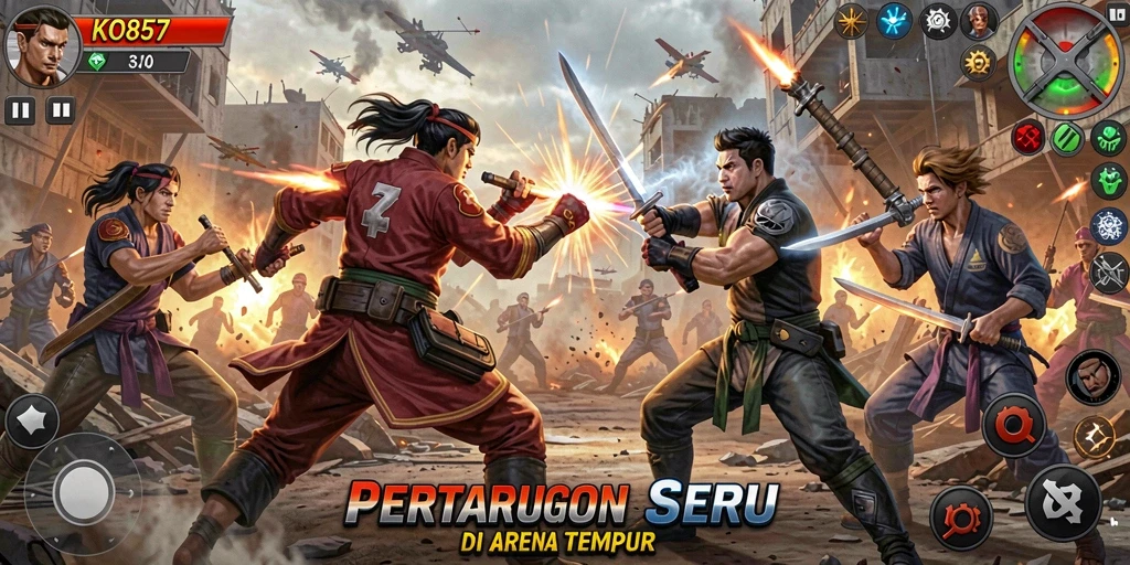 Tangkapan layar menunjukkan pertarungan epik antara karakter di KO857.