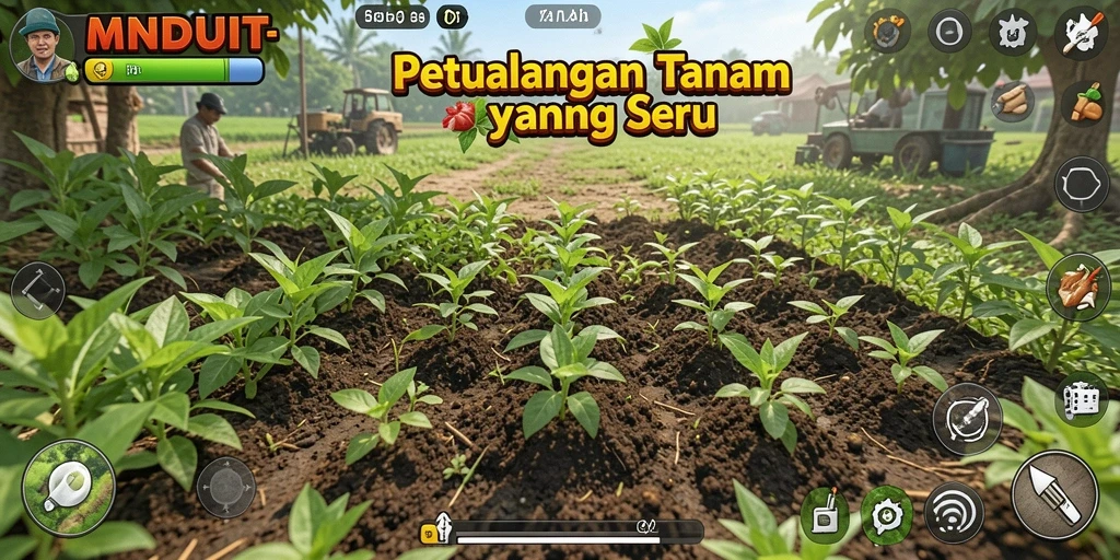 Tampilan gameplay menarik dari MNDUIT dengan berbagai tanaman.