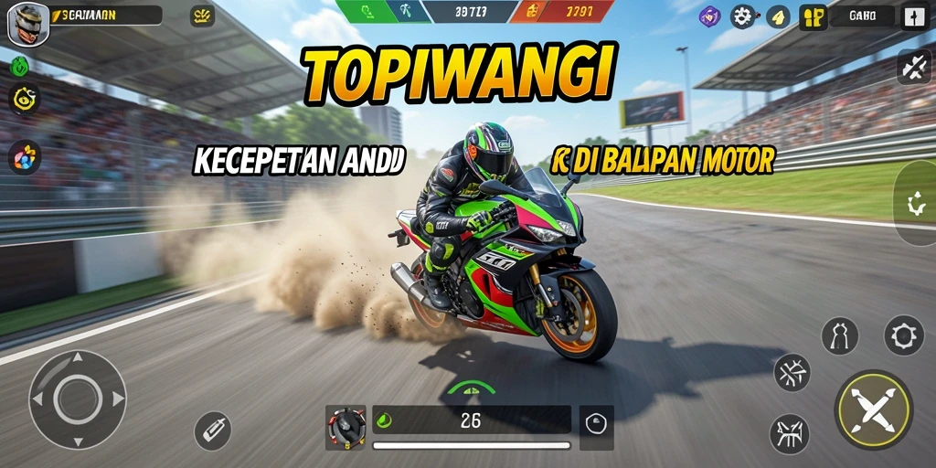 Tangkapan layar gameplay TOPIWANGI menampilkan balapan motor yang mendebarkan.