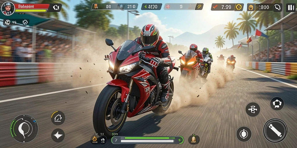 Screenshot gameplay utama V21 menampilkan balapan motor yang seru dan mendebarkan.